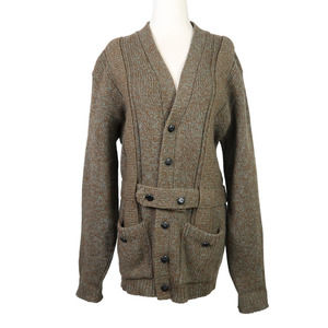 Vintage 70s olive green and blue marled wool knit cardigan sweater M